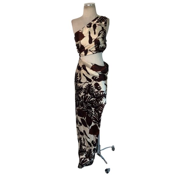 NICHOLAS Raya One Shoulder Asymmetrical Gown in Dark Chocolate Segovia Print 2 - Picture 5 of 16
